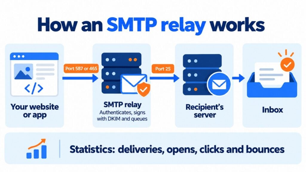 How an SMTP relay works: your website or app connects to the relay on port 587 or 465, the relay authenticates the email and signs it with DKIM, queues it, looks up the MX record and delivers it on port 25 to the recipient's server, and sends you back statistics