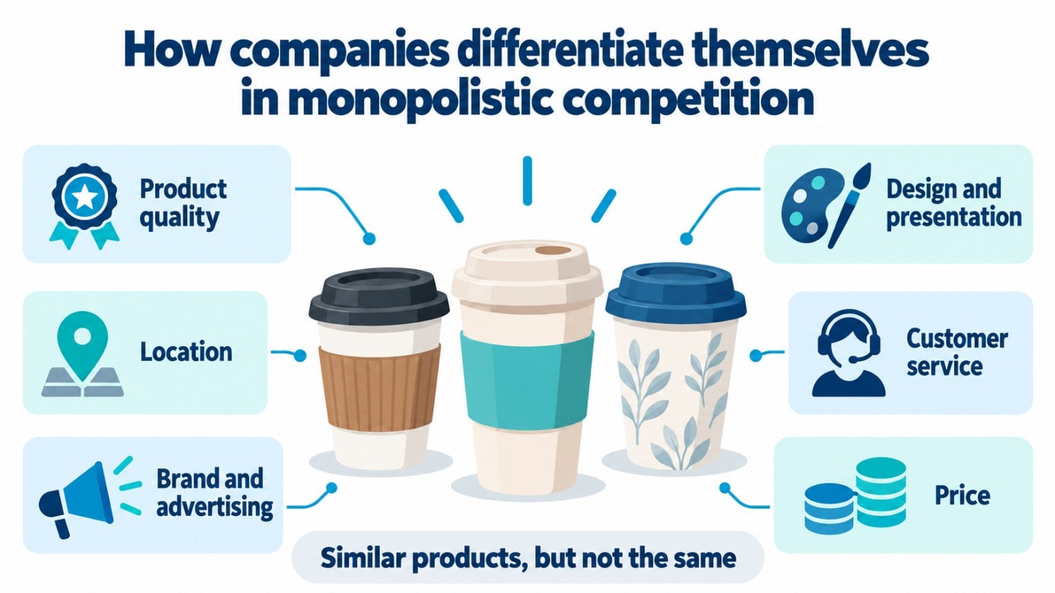 Infographic of how companies differentiate themselves in monopolistic competition: quality, design, location, customer service, brand and price