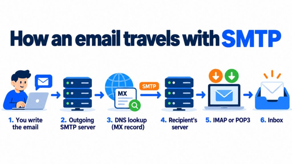 How an email travels with SMTP: you write the email, outgoing SMTP server, DNS lookup (MX record), recipient's server, IMAP or POP3 and inbox