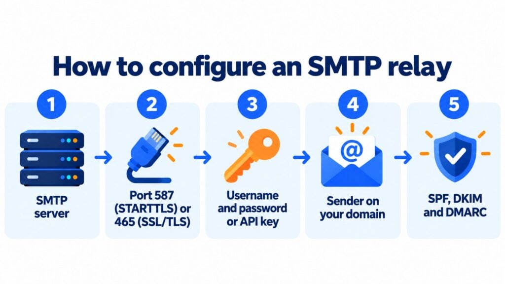 Settings for an SMTP relay: SMTP server, port 587 with STARTTLS or 465 with SSL/TLS, username and password or API key, a sender on your domain, and SPF, DKIM and DMARC records
