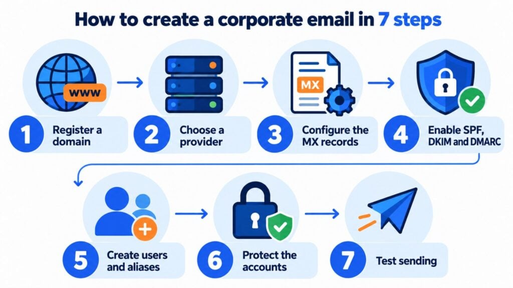 How to create a corporate email in 7 steps: register a domain, choose a provider, configure the MX records, enable SPF, DKIM and DMARC, create users and aliases, protect the accounts and test sending