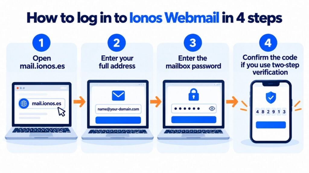 How to log in to Ionos Webmail in 4 steps: open mail.ionos.es, enter your full address, enter the mailbox password and confirm the code if you use two-step verification