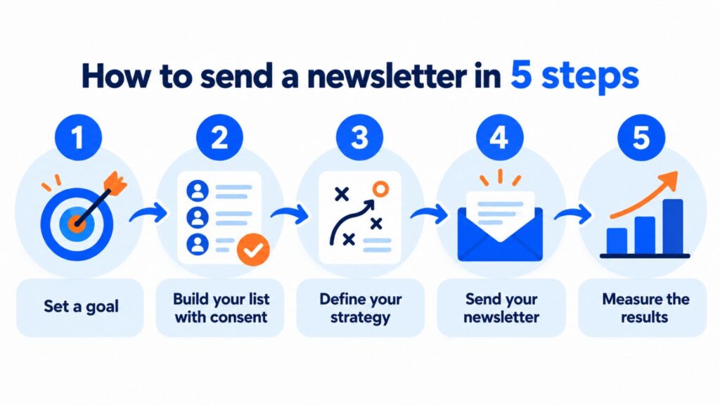 How to send a newsletter in 5 steps: set a goal, build your list with consent, define your strategy, send it and check the results