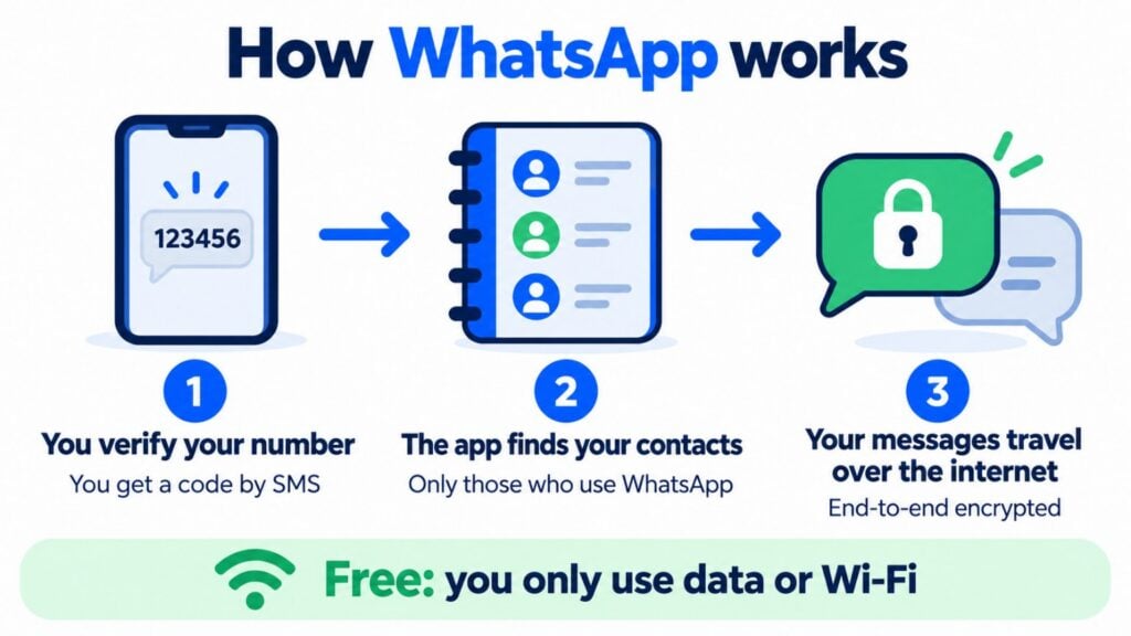 How WhatsApp works in 3 steps: you verify your number, the app finds your contacts and messages travel encrypted