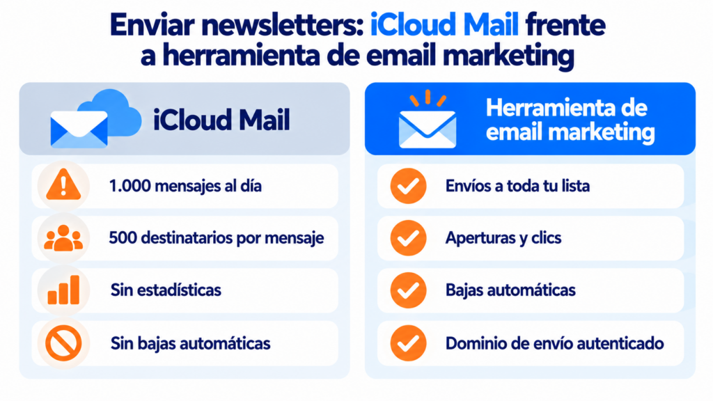 Enviar newsletters: iCloud Mail frente a herramienta de email marketing, con 1.000 mensajes al día y 500 destinatarios por mensaje frente a envíos a toda la lista con estadísticas y bajas automáticas