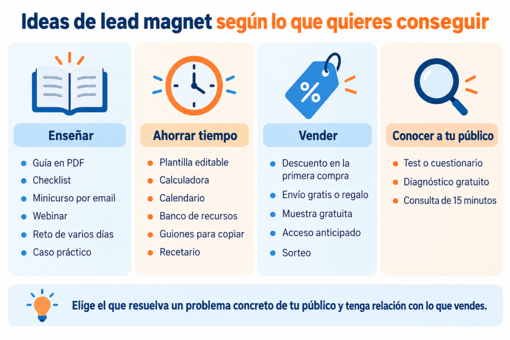 Infográfico de ideias de lead magnet de acordo com o objetivo: ensinar, economizar tempo, vender e conhecer o seu público