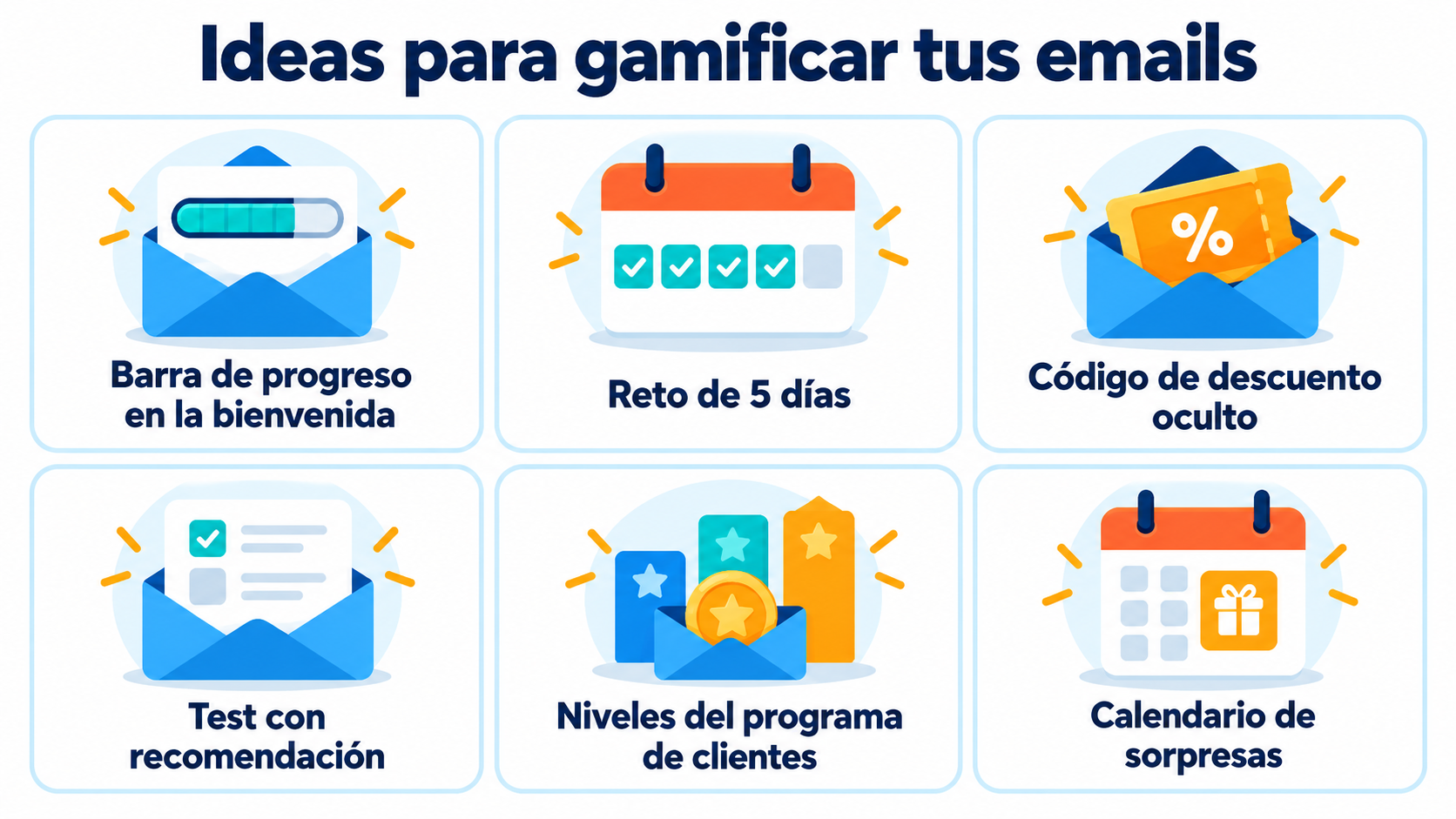 Infografía de ideas para gamificar tus emails: barra de progreso, reto de 5 días, código oculto, test, niveles y calendario de sorpresas