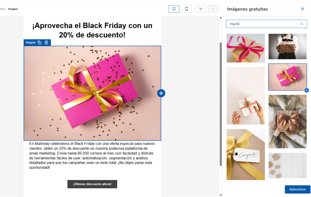 Imágenes gratuitas disponibles en el editor de Mailrelay