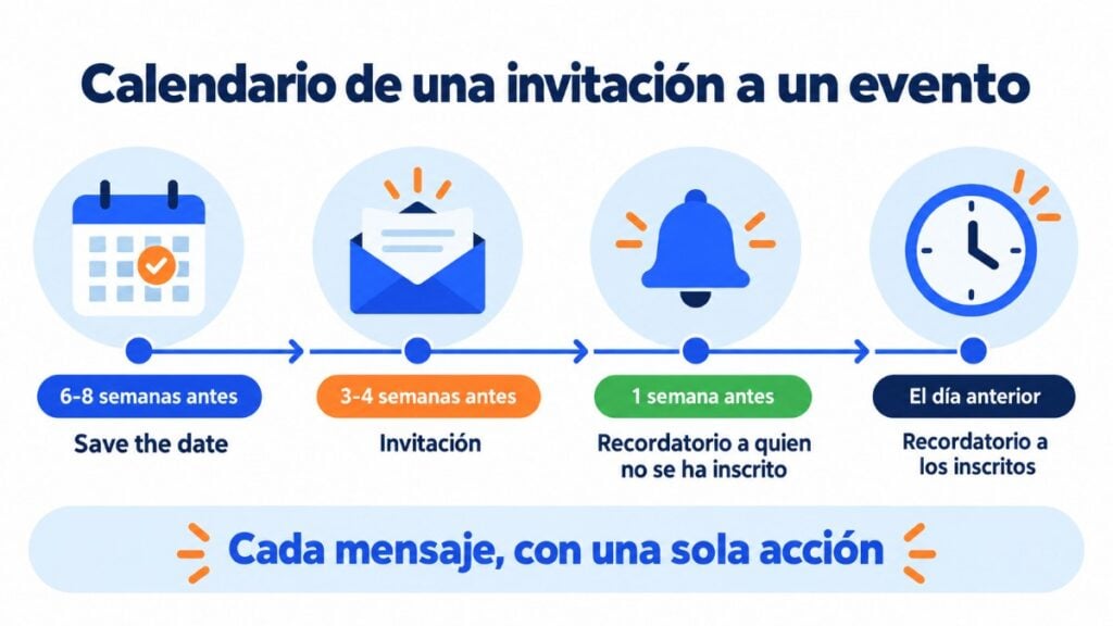 Calendario de una invitación a un evento: save the date, invitación, recordatorio a quien no se ha inscrito y recordatorio a los inscritos