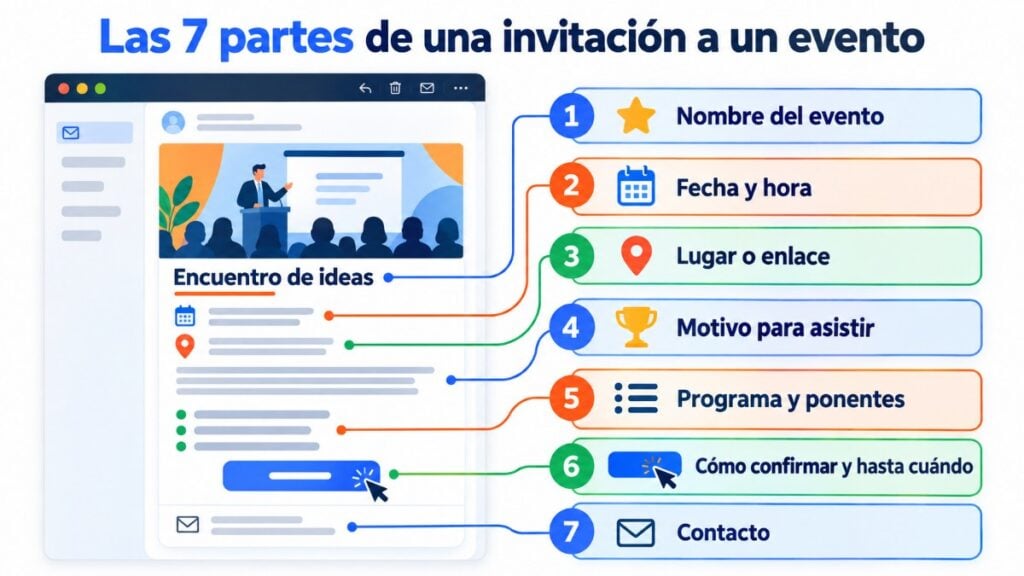 Las 7 partes de una invitación a un evento: nombre, fecha y hora, lugar o enlace, motivo para asistir, programa, cómo confirmar y contacto