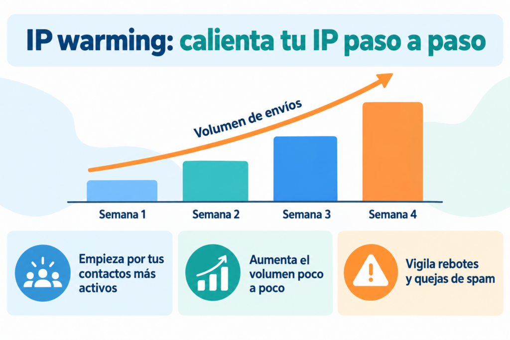 IP warming: sending volume increases week by week, starting with the most engaged contacts and monitoring bounces and spam complaints