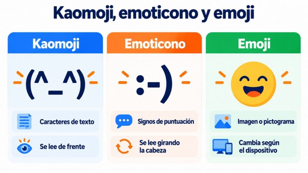 Infográfico com as diferenças entre kaomoji, emoticon e emoji, com um exemplo de cada um