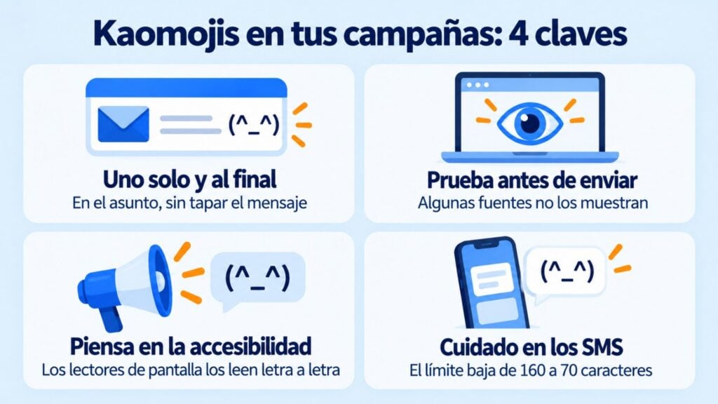 Infográfico com 4 dicas para usar kaomojis nas suas campanhas de email e SMS
