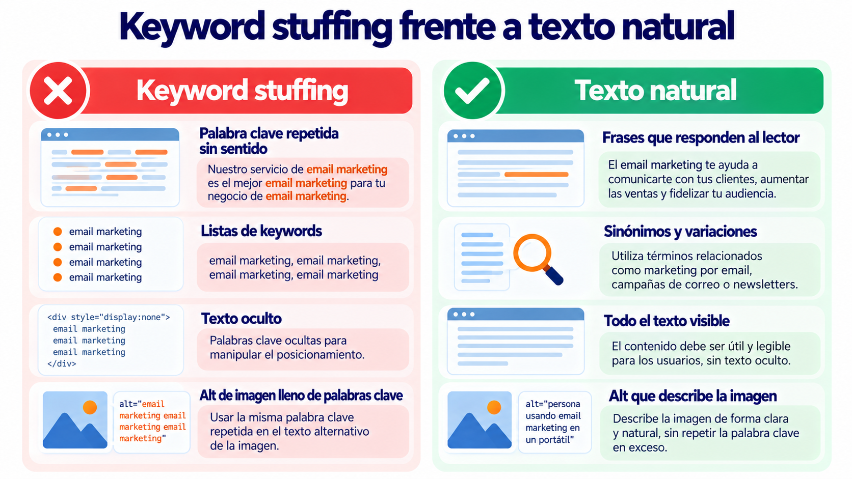 Infografía que compara ejemplos de keyword stuffing con su versión en texto natural