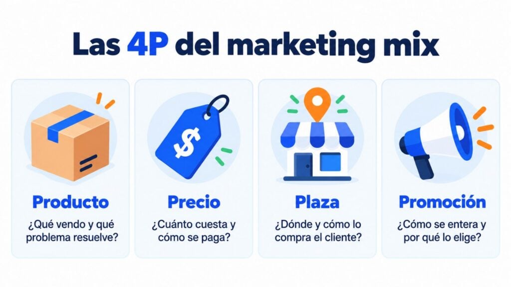The 4 Ps of the marketing mix: product, price, place and promotion, with the question each one answers