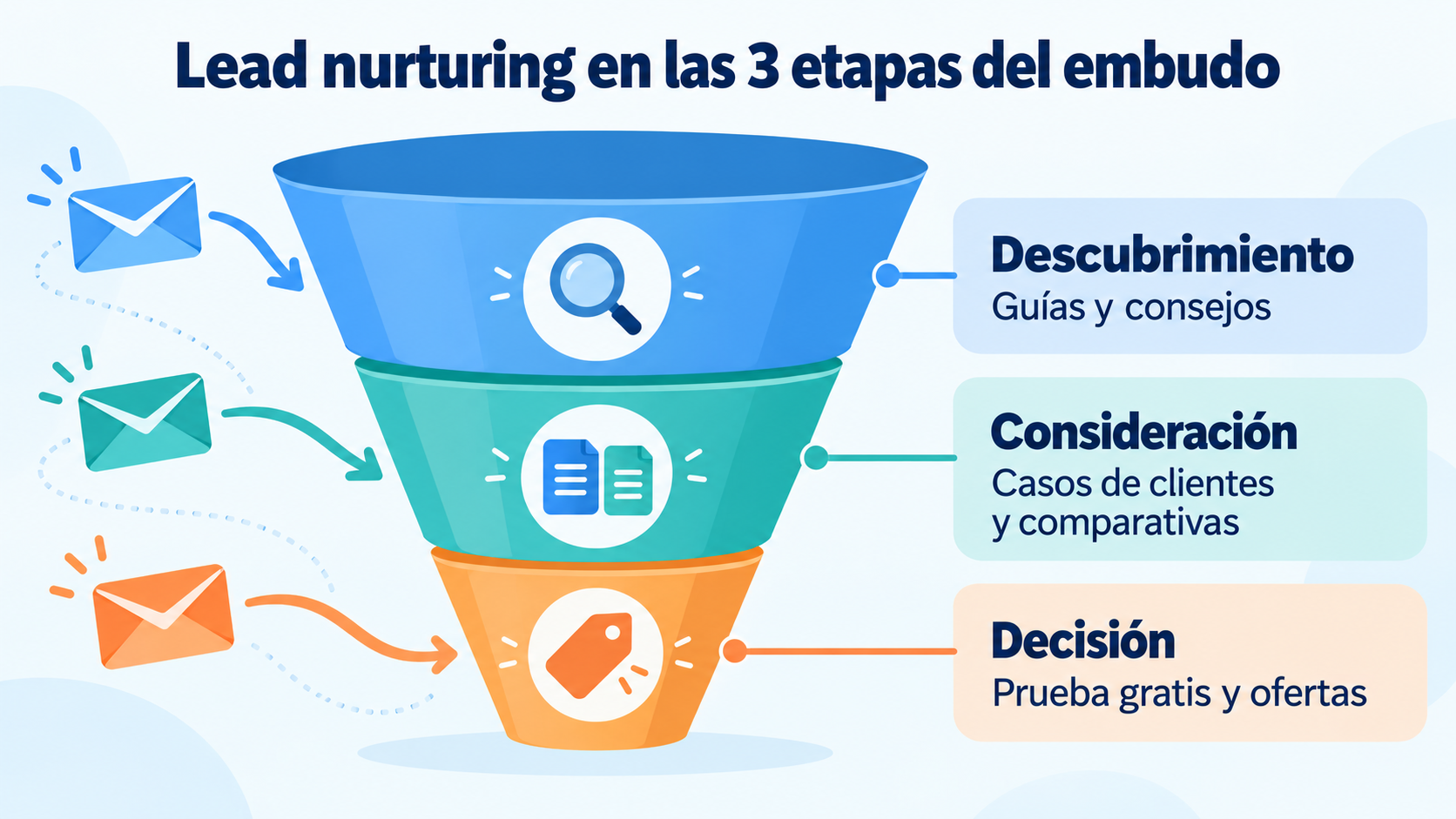 Infográfico do lead nurturing nas 3 etapas do funil: descoberta com guias e dicas, consideração com casos de clientes e comparativos, e decisão com teste grátis e ofertas