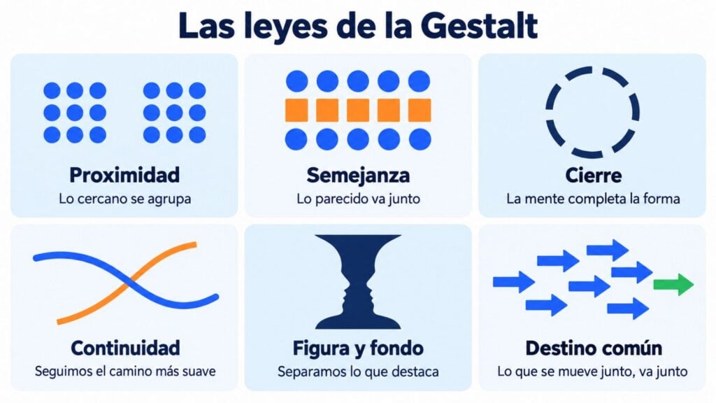 Infografía con seis leyes de la Gestalt dibujadas con formas simples: proximidad, semejanza, cierre, continuidad, figura y fondo y destino común