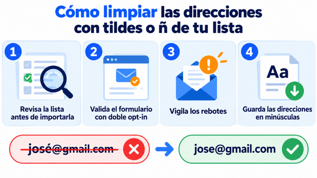 Como limpar da sua lista os endereços com acentos ou ñ: revisá-la antes de importá-la, validar o formulário com double opt-in, ficar de olho nos bounces e salvar os endereços em minúsculas; por exemplo, corrigir josé para jose em um endereço do Gmail