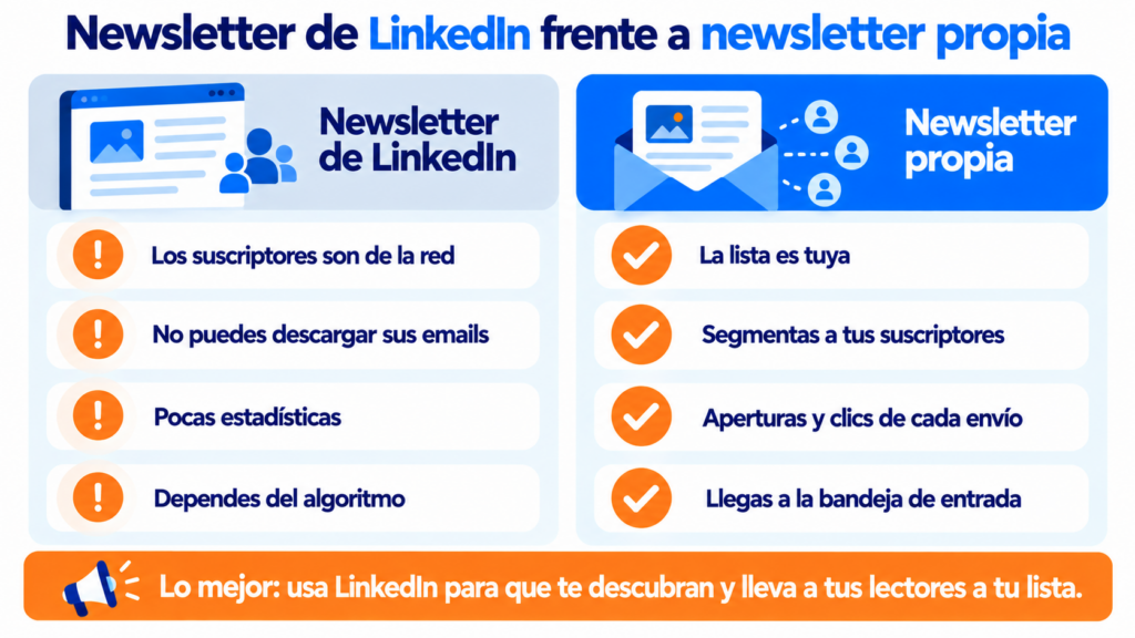 Newsletter de LinkedIn frente a newsletter propia: en LinkedIn los suscriptores son de la red y dependes del algoritmo; con tu newsletter la lista es tuya, segmentas y mides aperturas y clics