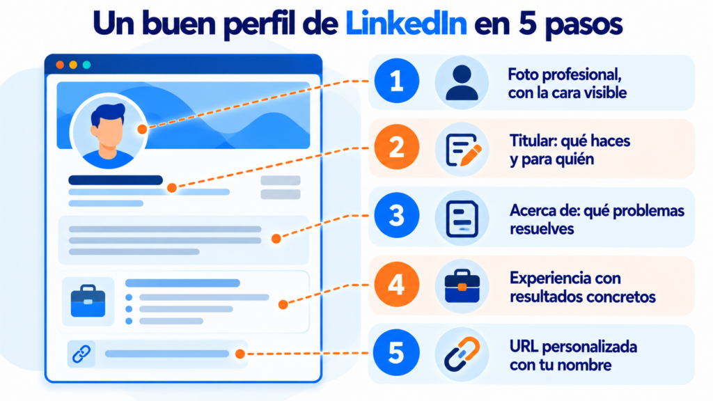 Un buen perfil de LinkedIn en 5 pasos: foto profesional, titular que diga qué haces y para quién, apartado Acerca de, experiencia con resultados y URL personalizada