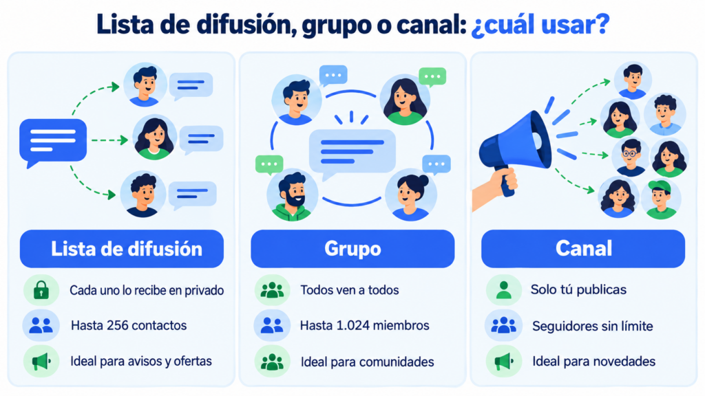 Diferenças entre lista de transmissão, grupo e canal do WhatsApp