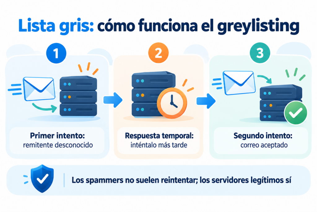 Greylisting: the server responds with a temporary error on the first attempt and accepts the email on the second attempt