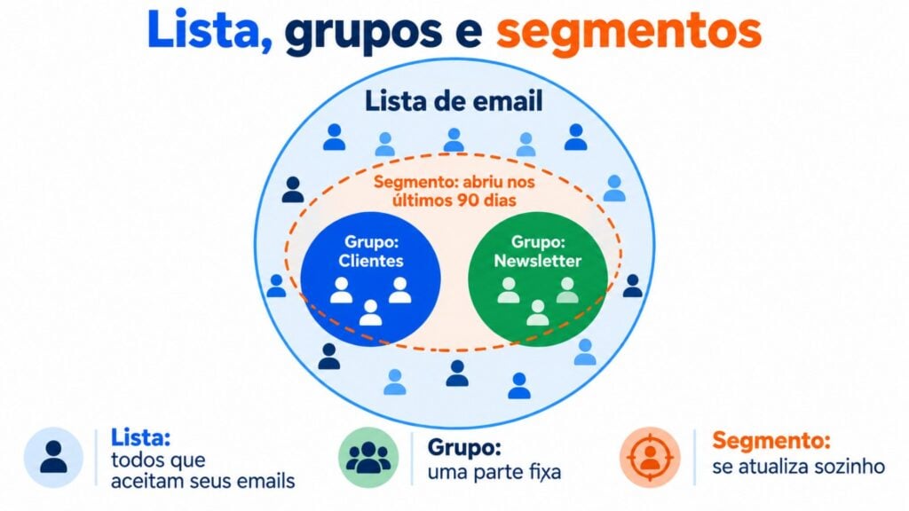 Diagrama de uma lista de email com grupos fixos e um segmento dinâmico