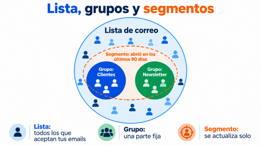Diagrama de una lista de correo con grupos fijos y un segmento dinámico