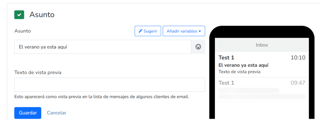 Editor de boletines de Mailrelay con el botón Añadir variables para personalizar el asunto