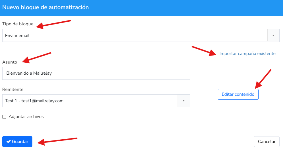 Bloco Enviar email de uma automação do Mailrelay com assunto, remetente e importar campanha existente