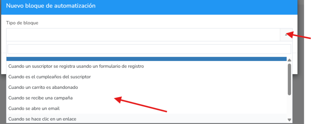 Menu suspenso Tipo de bloco das automações do Mailrelay com os gatilhos disponíveis