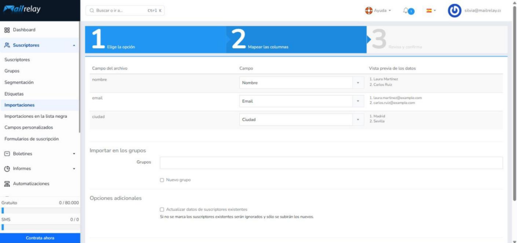 Asistente de importación de contactos de Mailrelay en el paso Mapear las columnas con la vista previa de los datos