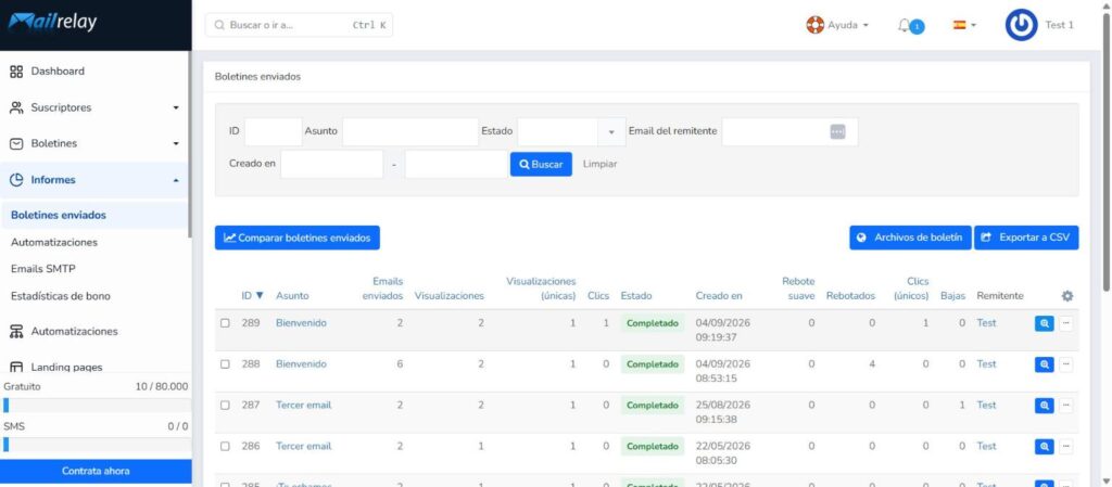 Listado de boletines enviados en Mailrelay con emails enviados, visualizaciones, clics, rebotes y bajas de cada campaña