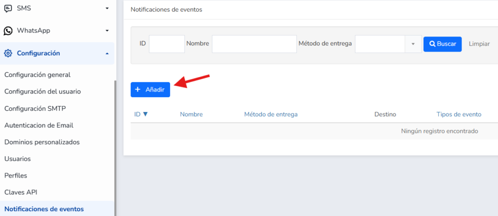 Pantalla Notificaciones de eventos de Mailrelay en el menú Configuración con el botón Añadir