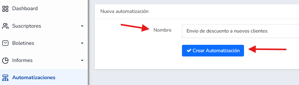 Tela do Mailrelay para criar uma nova automação, com o campo Nome e o botão Criar automação