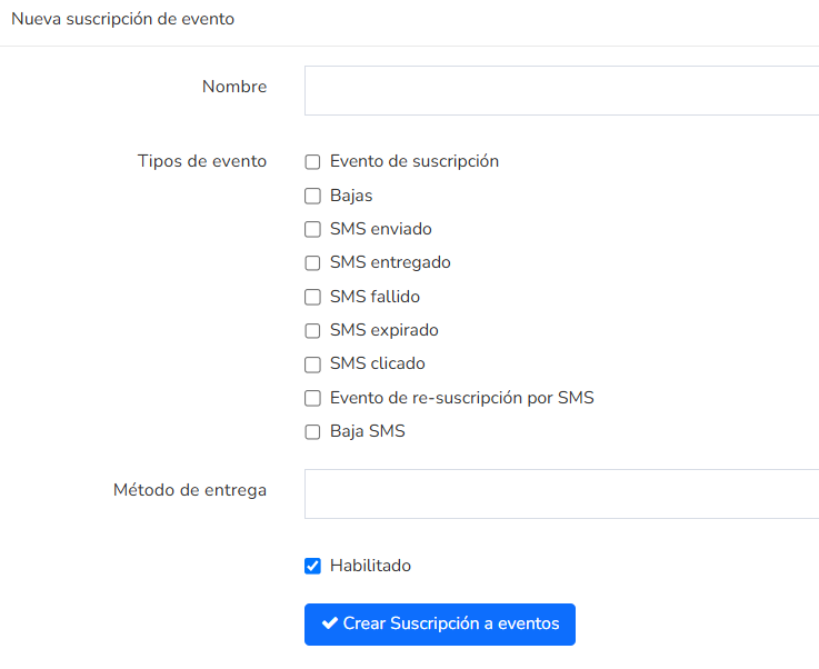 Formulario de nueva suscripción de evento en Mailrelay con el nombre y los tipos de evento