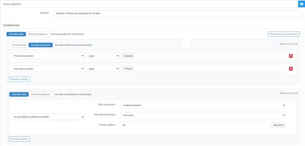Segmento de Mailrelay que combina grupos de condiciones por país y aperturas recientes