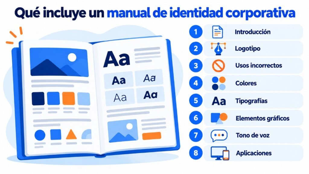 Qué incluye un manual de identidad corporativa: introducción, logotipo, usos incorrectos, colores, tipografías, elementos gráficos, tono de voz y aplicaciones