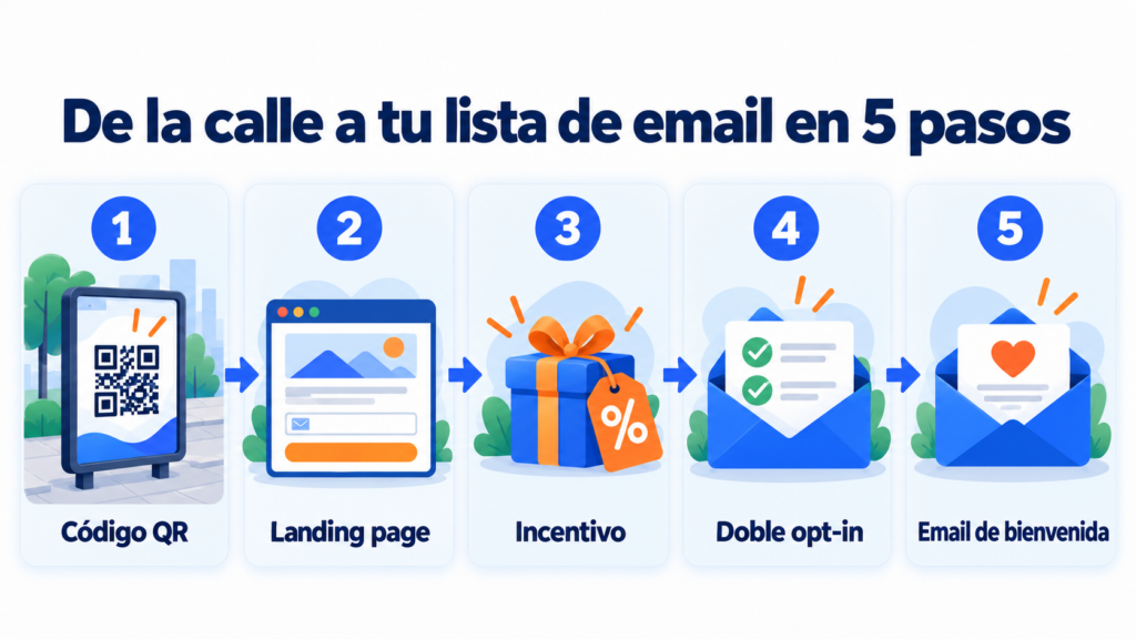 Infografía de cómo pasar de una acción de guerrilla en la calle a tu lista de email en 5 pasos: código QR, landing page, incentivo, doble opt-in y email de bienvenida