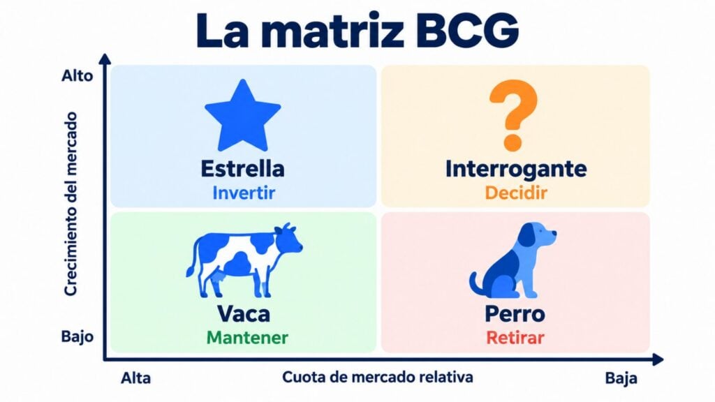 Matriz BCG con sus dos ejes y sus cuatro cuadrantes: estrella, interrogante, vaca y perro
