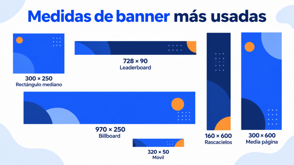 Medidas de banner más usadas: 300 × 250, 728 × 90, 970 × 250, 160 × 600, 300 × 600 y 320 × 50
