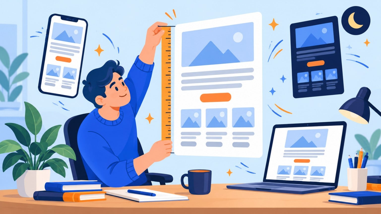 Ilustración de una persona en su mesa midiendo con una regla una plantilla de email, junto a un móvil y un portátil con la misma newsletter