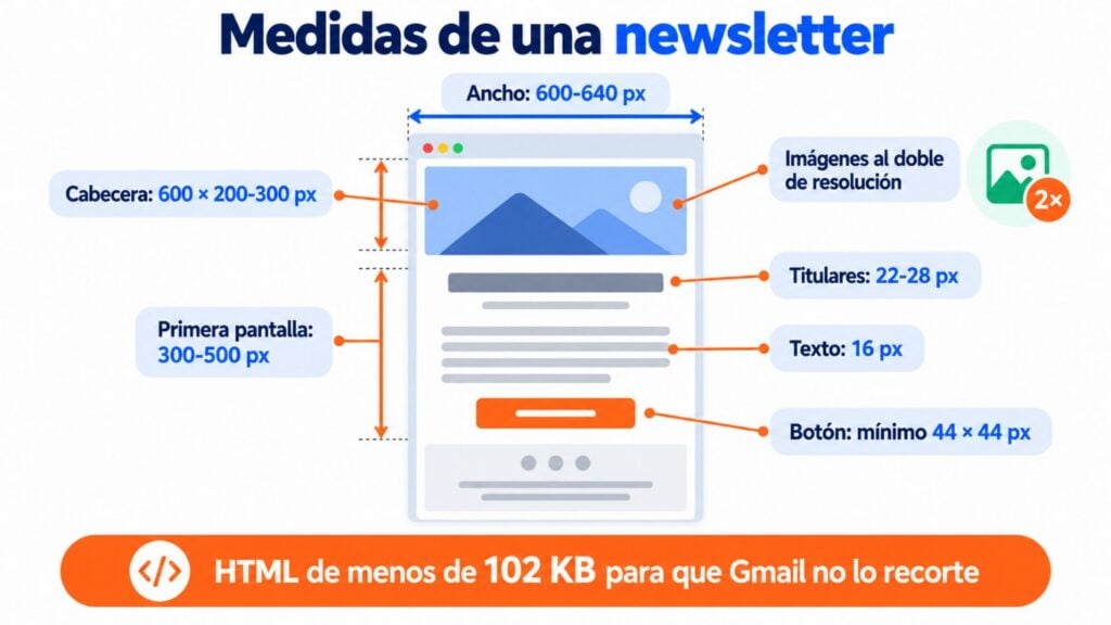 Infografía con las medidas de una newsletter: ancho de 600-640 px, cabecera, primera pantalla, tamaño de letra, botones y HTML de menos de 102 KB