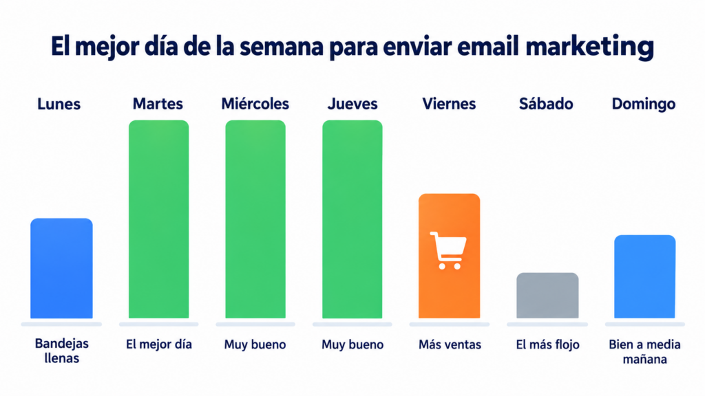 The best day of the week to send email marketing: Tuesday, Wednesday and Thursday; Friday converts well and Saturday is the weakest day