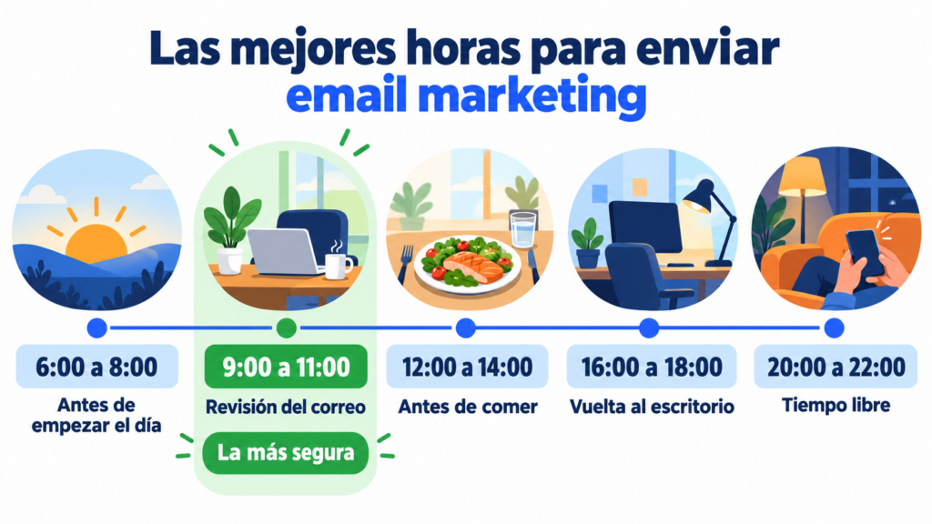 The best times to send email marketing: 6:00 to 8:00, 9:00 to 11:00 (the safest), 12:00 to 14:00, 16:00 to 18:00 and 20:00 to 22:00