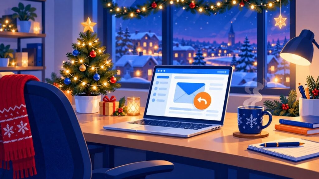 Office decorated for Christmas with a laptop showing an automatic reply during the holiday closure