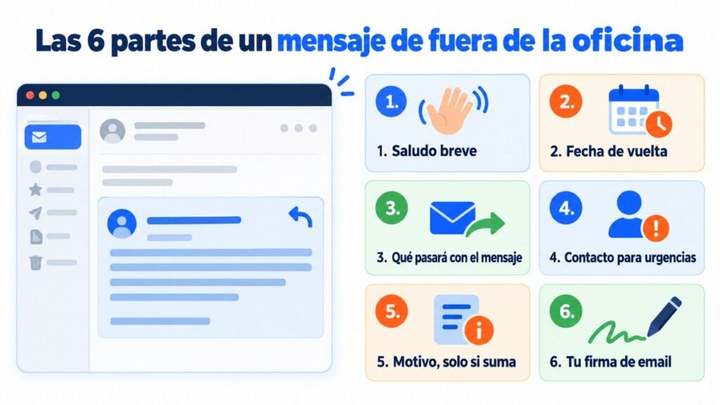 The 6 parts of an out of office message: greeting, return date, what will happen to the message, contact for urgent matters, reason and signature