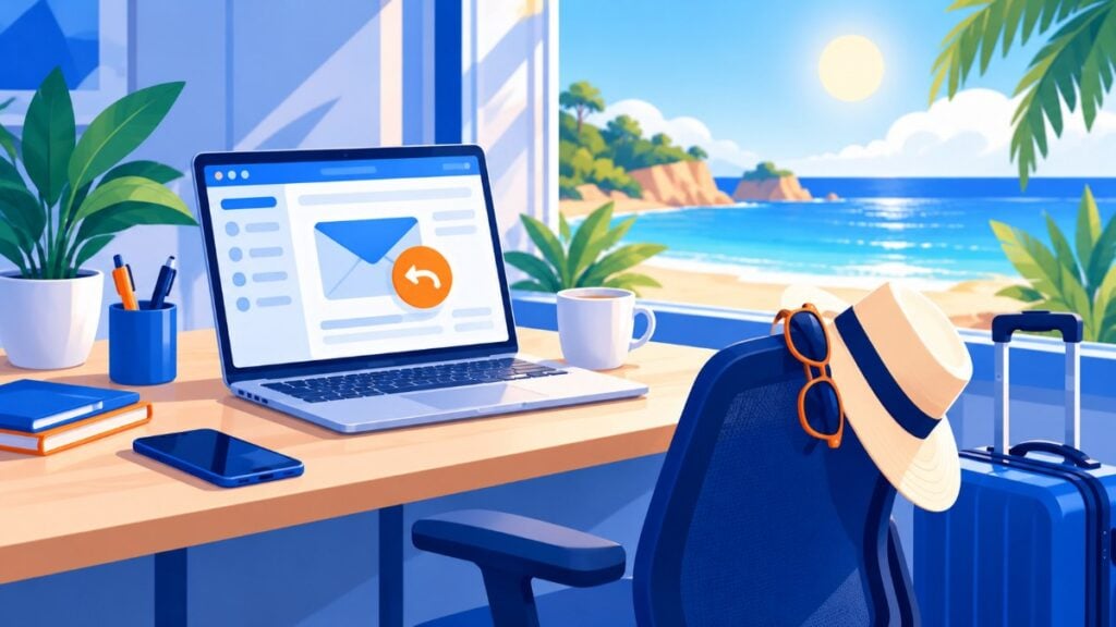 Empty desk with a laptop showing an automatic reply, a hat and a suitcase, with the beach in the background