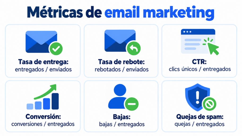Métricas de email marketing y cómo se calculan: entrega, rebote, CTR, conversión, bajas y quejas