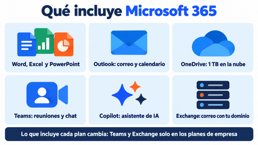 Qué incluye Microsoft 365: Word, Excel y PowerPoint, Outlook, OneDrive con 1 TB, Teams, Copilot y Exchange con tu dominio